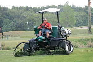 A grounds crew employee operates a propane-powered Reel Max 544LP five-gang fairway mower at the Vinoy Renaissance St. Petersburg Resort & Golf Club in St. Petersburg, Fla. The Vinoy trialed four pieces of propane-powered equipment in the program, giving the 544LP mower a 10-point overall rating out of 10, as well as a 10-point score on maintenance. Photo by Grant Gannon