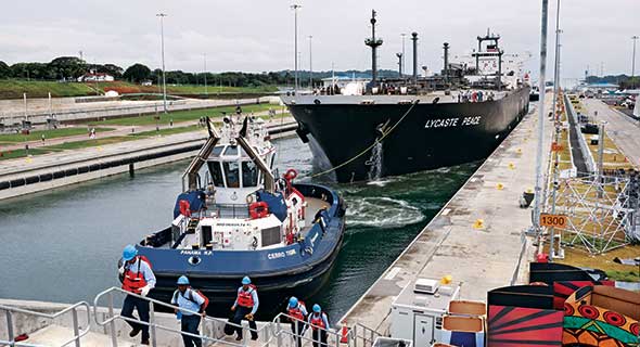 The very large gas carrier Lycaste Peace, owned by Japanese shipping company Nippon Yusen Kaisha, was the first liquefied petroleum gas vessel through the canal’s new locks. Photos courtesy of the Panama Canal Authority