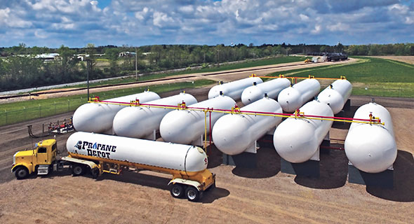 Propane Depot’s rail terminal in Barron, Wisconsin, features 360,000 gallons of storage in the company’s tank farm. Also, 750,000 gallons of propane can be stored in railcars. Photo courtesy of Propane Depot