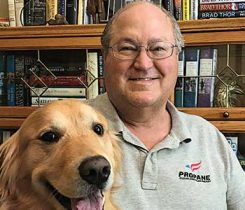 Binning performs work for the Arizona, Colorado and New Mexico propane associations out of his home office in Colorado. Max, his golden retriever, keeps Binning company at his office. Photo courtesy of Dan Binning