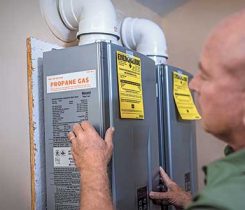 With hydronic heating, tankless water heater installations will also serve as a backup space-heating source in homes. Photo courtesy of the Propane Education & Research Council