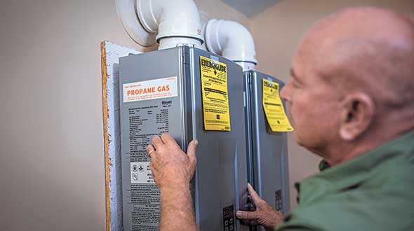 With hydronic heating, tankless water heater installations will also serve as a backup space-heating source in homes. Photo courtesy of the Propane Education & Research Council