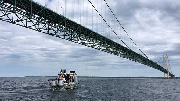 Enbridge performs an external inspection of the pipeline near the Mackinac Bridge. Photo Courtesy of EnBridge 