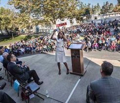 Joy Alafia, president and CEO of the Western Propane Gas Association, takes a selfie with the student body of Sierra Enterprise Elementary School. The Propane Education & Research Council donated $5,000 to the school in recognition of Elk Grove Unified School District’s adoption of more than 200 propane-powered school buses. Photo courtesy of the Propane Education & Research Council