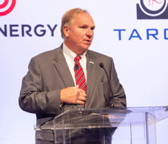 Chris Earhart, president of Virginia-based Dixie Gas & Oil and chairman of the National Propane Gas Association, speaks during the World LPG Association’s World LPG Forum last fall in Houston. Photo courtesy of World LPG Association