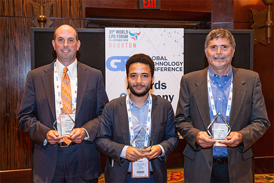 Fausto Marcigot, center, of PayGo Energy (first place); Steve King, right, of Motive Ventures (runner-up); and Greg Kerr of PERC. Photo courtesy of world lpg association