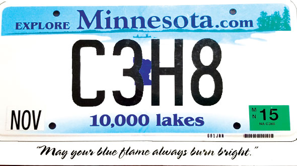 The chemical formula for propane adorned Mahre’s license plate. Photo courtesy of the Mahre family.