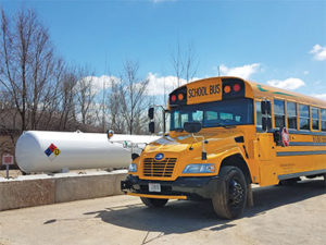 Nearly 25 percent of Kobussen Buses’ fleet are propane models. During the school year, these buses service the Oshkosh Area School District in Wisconsin. Photo courtesy of Roush CleanTech