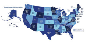 The map shows the number of propane autogas school buses in operation in each state and the number of school districts and private contractors operating school buses in each state. Data, through the end of Q1 2019, courtesy of the Propane Education &amp; Research Council. <a href="https://www.lpgasmagazine.com/wp-content/uploads/2019/10/Autogas-break-down-map_october-2019.jpg" target="_blank" rel="noopener noreferrer">Click to enlarge</a>