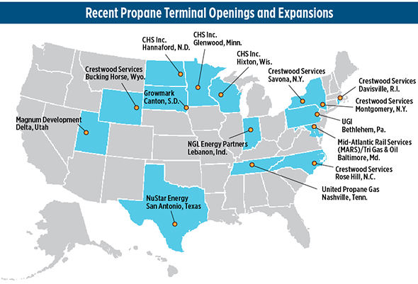 Map showing recent propane terminal openings and expansions