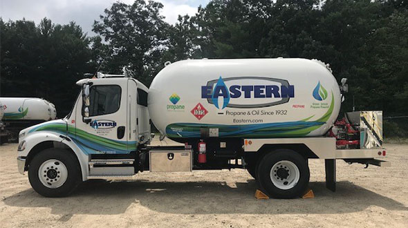 Eastern Propane & Oil of Rochester, New Hampshire, displays propane’s new identity on a propane-powered bobtail and its service tech vans. It plans to refresh the look of its sales team trucks next. Photo by Nathan McShinsky