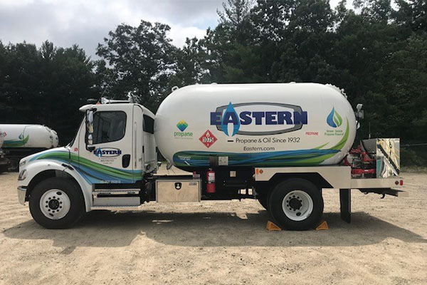 Eastern Propane & Oil of Rochester, New Hampshire, displays propane’s new identity on a propane-powered bobtail and its service tech vans. It plans to refresh the look of its sales team trucks next. Photo by Nathan McShinsky