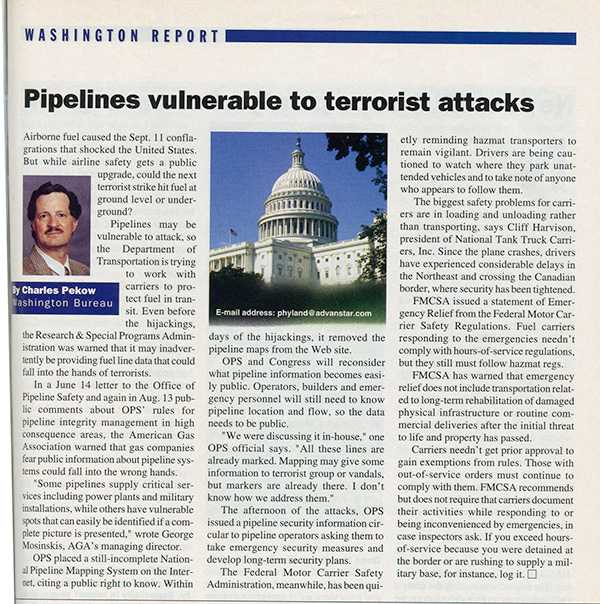 Following the Sept. 11, 2001, attack, the industry feared its pipelines were vulnerable.