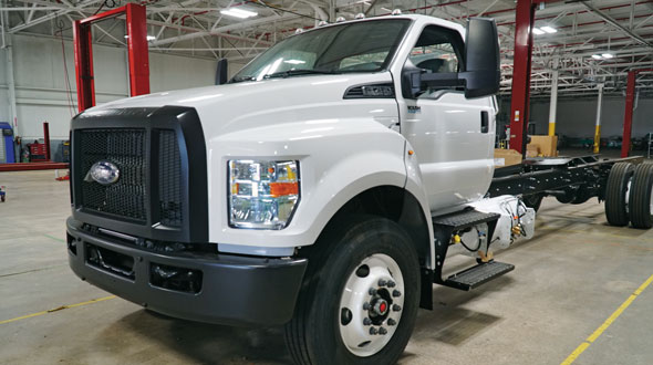 A propane-fueled Ford F-750 can be used in food and beverage delivery, government and paratransit fleets, and in propane marketer operations as a bobtail, cylinder delivery or tank-setting truck. (Photo courtesy of Roush CleanTech)