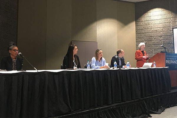 From left are Joy Alafia, Western Propane Gas Association; Jennifer Jackson, AmeriGas; Michelle Bimson Maggi, AmeriGas; Steve Kaminski, NPGA; and Nancy Coop, Cetane Associates. Photo by LP Gas staff