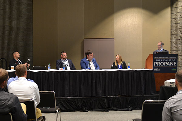 From left are Frank Edwards, Coles Energy; John Barnett, Suburban Propane; Raleigh Garrett, G&S Gas Service; Kara Tucker, Koppy's Propane; and Brian Richesson, LP Gas. Photo by LP Gas staff