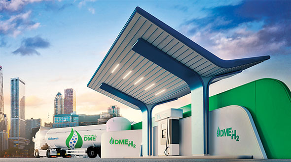 Oberon Fuels and Los Alamos National Laboratory have partnered to develop technology to convert rDME into renewable hydrogen at fueling stations of the future. (Photo courtesy of Oberon Fuels; Sean Pavone/iStock / Getty Images Plus/Getty Images; Petmal/iStock / Getty Images Plus/Getty Images)