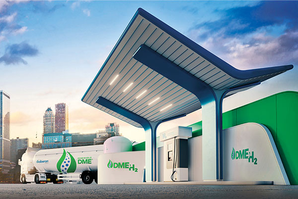 Oberon Fuels and Los Alamos National Laboratory have partnered to develop technology to convert rDME into renewable hydrogen at fueling stations of the future. (Photo courtesy of Oberon Fuels; Sean Pavone/iStock / Getty Images Plus/Getty Images; Petmal/iStock / Getty Images Plus/Getty Images)