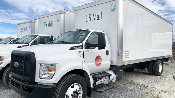 McAbee Trucking, a freight shipping and trucking company based in Blacksburg, South Carolina, operates Ford F-750 delivery trucks fueled by propane autogas. The vehicles are used for contracted parcel delivery routes. (Photo courtesy of Roush CleanTech)