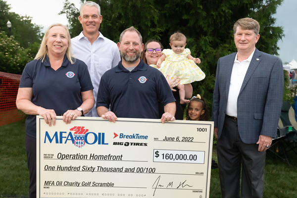 Pictured L to R: Sarah Cheesman, Operation Homefront Region 2 West Area Manager; Jon Ihler, MFA Oil President and CEO; AJ Kahn, Operation Homefront Region 2 East Area Manager; Whitney, Lyvina and Nova Alamo, active-duty military family members; and Brig Gen Robert D. Thomas, USAF, Retired, COO, Operation Homefront. Photo courtesy of MFA Oil Company