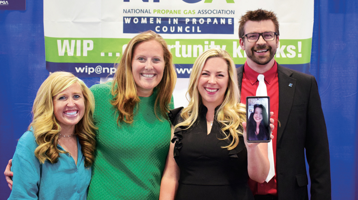 From left, Chelsea Uphaus, Bridget Kidd, Jessica Johnson and Freddie Ridler, with Peini Spinazzola on a video call – all driving forces behind the Women in Propane’s podcast – during this year’s Propane Expo in Nashville, Tennessee. (Photo by LP Gas staff)