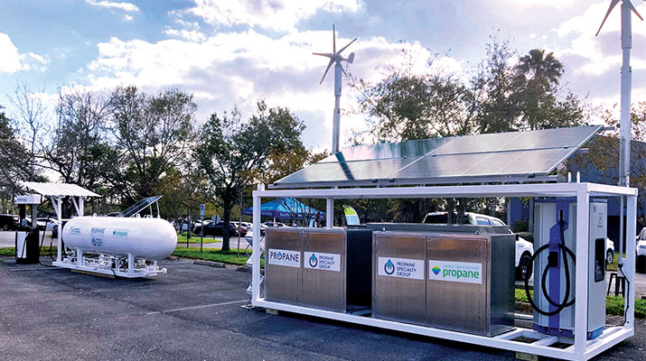 The dual-purpose, standalone fueling system from Propane Fueling Solutions allows fleets to refuel with propane autogas or recharge using propane as the energy source. (Photo courtesy of Propane Fueling Solutions)