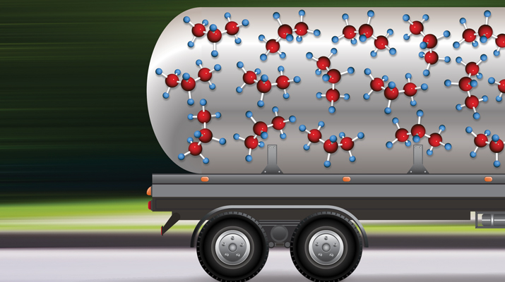 Developments in the area of renewables could allow propane retailers to transport more than just conventional propane. (Photo: spacedrone808, VasilyevD (background), Opka (truck)/iStock / Getty Images Plus/Getty Images; lolon/DigitalVision Vectors/Getty Images (Molecule))