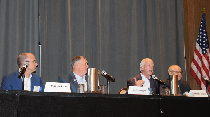 A Heat Pump Helper panel discussion at the NPGA fall board meeting in Louisville, Kentucky, included, from left, Ryan Jackson of D.F. Richard Energy, Kevin Morgan of Rinnai, Tucker Perkins of PERC and Bruce Swiecicki of NPGA. (Photo by LP Gas staff)