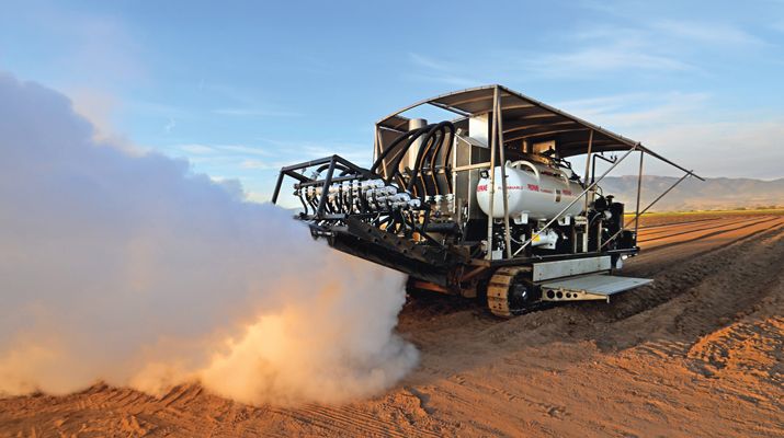 With the soil steamer, propane is used to power the engine and create the steam that’s injected into the soil to control pests. (Photo by Bruce Aoki, Wildwood Productions)