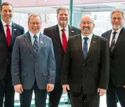 CHS members reelected five members of the CHS Board of Directors at the 2025 CHS Annual Meeting. Reelected were, from left, Jerrad Stroh, Juniata, Nebraska; Kevin Throener, Cogswell, North Dakota; Hal Clemensen, Aberdeen, South Dakota; Mark Farrell, Cross Plains, Wisconsin; and Alan Holm, Sleepy Eye, Minnesota. (Photo courtesy of CHS Inc.)