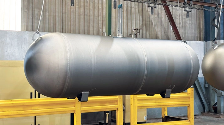 A propane tank makes its way through the process. It’s been shot blasted and is now ready for painting. (Photo by LP Gas staff)