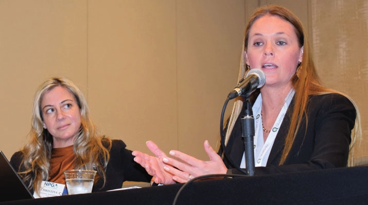 Sharp, right, sits on a panel discussion about artificial intelligence with Christina Armentano of Paraco Gas. (Photo by <em>LP Gas</em> staff)