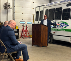 Brian Raygor, national autogas business manager at Ferrellgas, speaks at BeST Transit's propane bus launch event in February. (Photo courtesy of Roush CleanTech)