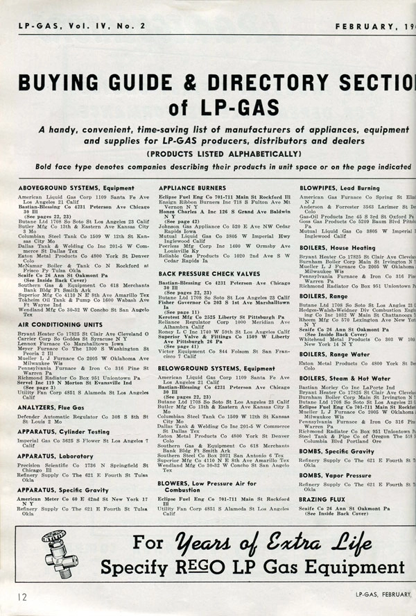 The first page of the first Buyers Guide appearing in LP Gas in 1944.