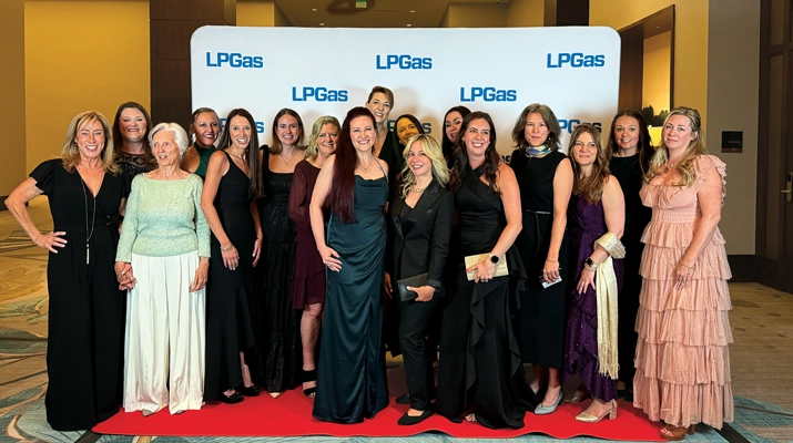 Women in the propane industry, including 2025 Hall of Fame inductee Rita Pecilunas, far left, and 2022 Hall of Fame inductee Nancy Coop, front left, gather for the special evening. (Photo by LP Gas Staff)