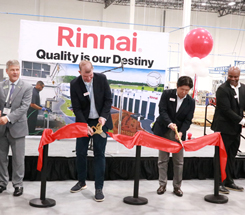 From left: Perry McGuire, Rinnai's senior vice president of legal and government affairs and people; Griffin Mayor Doug Hollberg; Frank Windsor, president of Rinnai; Takanori Oka, vice president and executive director of Rinnai; McKinley James, vice president of operations for Rinnai; and State Rep. Beth Camp. (Photo courtesy of Rinnai America Corporation)