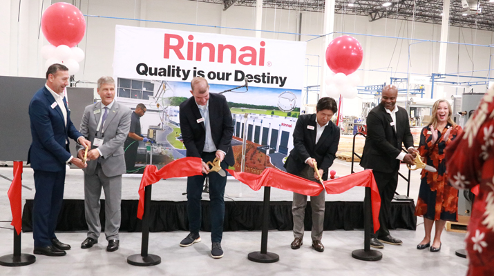 From left: Perry McGuire, Rinnai's senior vice president of legal and government affairs and people; Griffin Mayor Doug Hollberg; Frank Windsor, president of Rinnai; Takanori Oka, vice president and executive director of Rinnai; McKinley James, vice president of operations for Rinnai; and State Rep. Beth Camp. (Photo courtesy of Rinnai America Corporation)