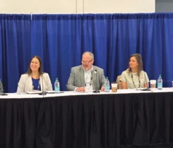 Peterson, far right, moderates a panel discussion with state and regional propane gas association leaders, from left, Leslie Anderson (New England), Colin Sueyres (Western), Amy Mason (New York), Dave Wager (Minnesota) and Laural Bunn Strength (Alabama). (Photo by LP Gas Staff)