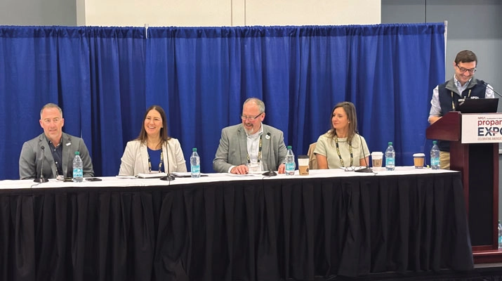 Peterson, far right, moderates a panel discussion with state and regional propane gas association leaders, from left, Leslie Anderson (New England), Colin Sueyres (Western), Amy Mason (New York), Dave Wager (Minnesota) and Laural Bunn Strength (Alabama). (Photo by LP Gas Staff)