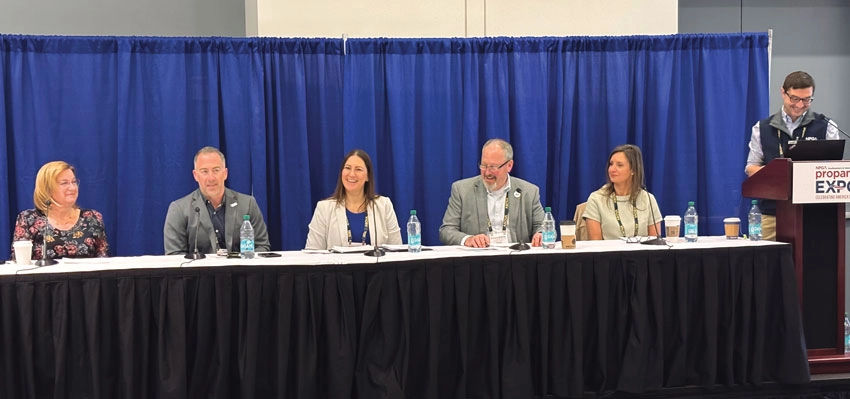 Peterson, far right, moderates a panel discussion with state and regional propane gas association leaders, from left, Leslie Anderson (New England), Colin Sueyres (Western), Amy Mason (New York), Dave Wager (Minnesota) and Laural Bunn Strength (Alabama). (Photo by LP Gas Staff)