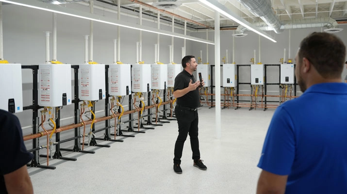 Navien Director of Training Matt Curro leads a facility tour into the plumbing and hydronics room at the new Innovation Center and Training Academy in Irvine, California. (Photo courtesy of Navien Inc.)